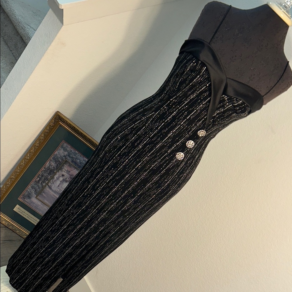 Betsy & Adam Black Metallic Midi Sheath Dress with Crystal Buttons